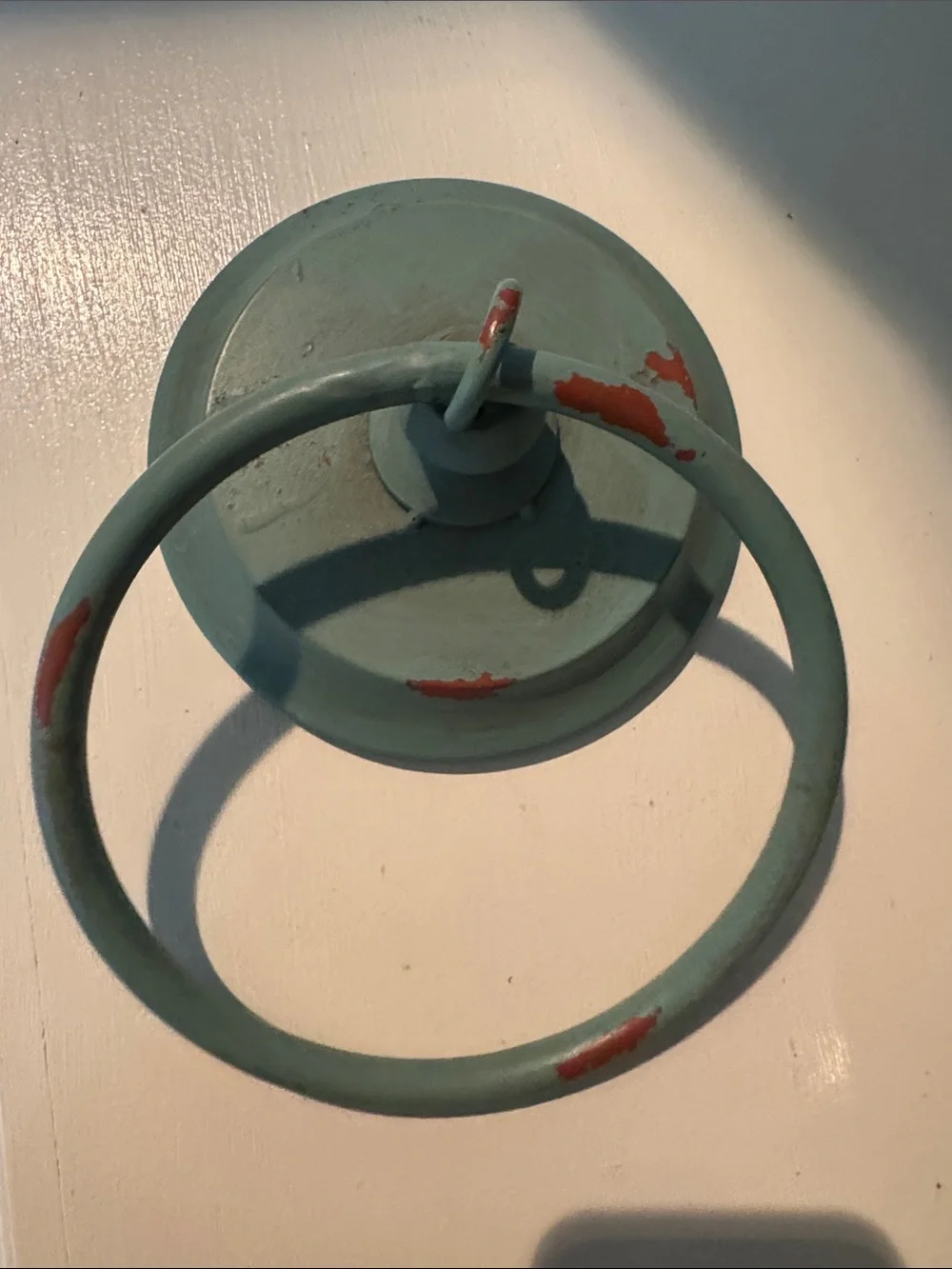 Distressed Teal Green Metal Towel Ring with Rust Paint Accents